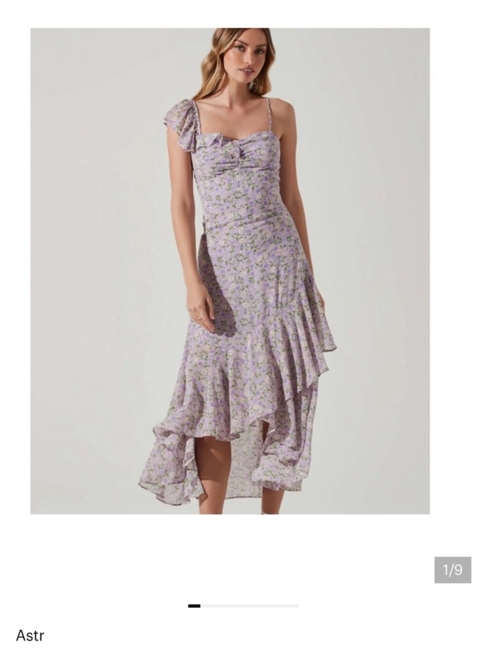 Astr Lavender Floral Asymmetrical Ruffle Midi Dress